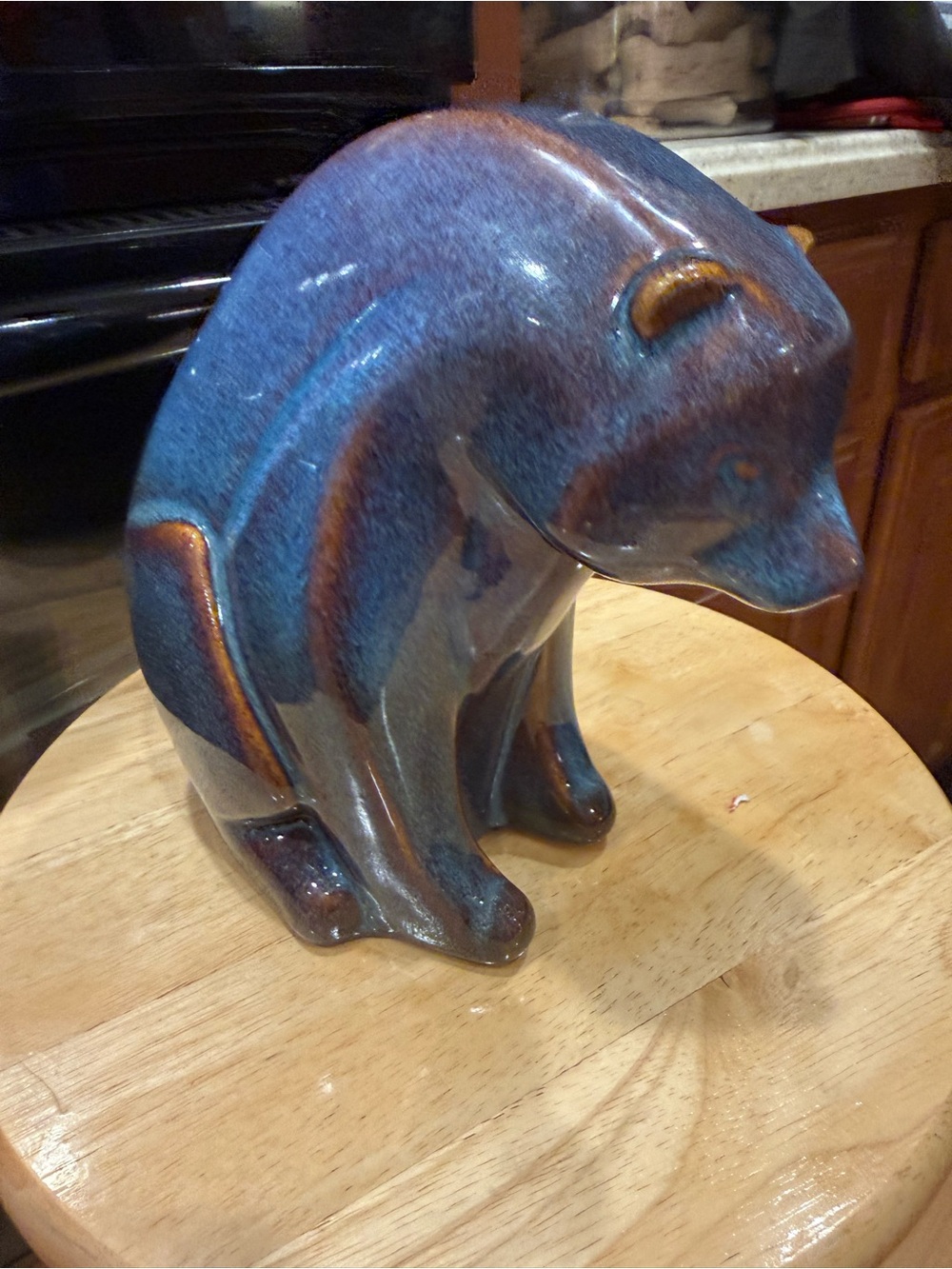 Blue Glazed Ceramic Bear Sculpture - Home Art